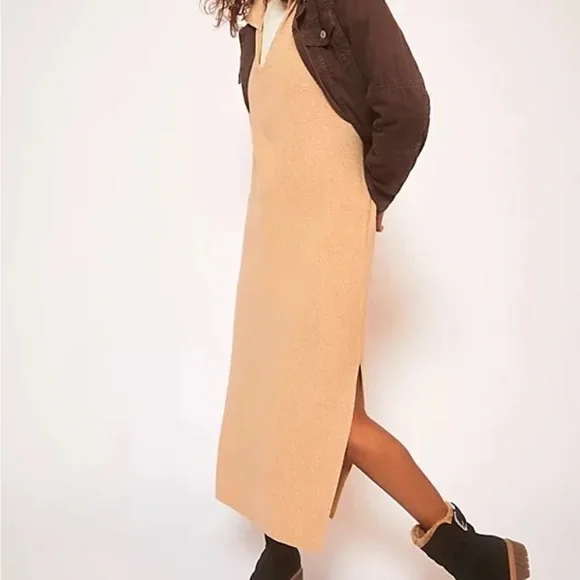 knee length dresses for ladies Women's Ease Into It Camel Brown Knit Half-Zip Funnel Collar Longline Sweater Dress | Color: Tan | Size: M main image 1